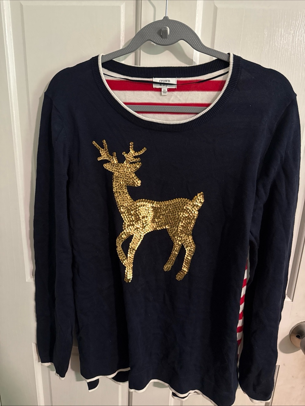 crown & ivy Navy Sweater with Gold Sequin Deer